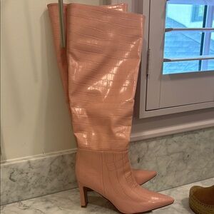 Elegant Pink Croc-Embossed Knee-High Boots